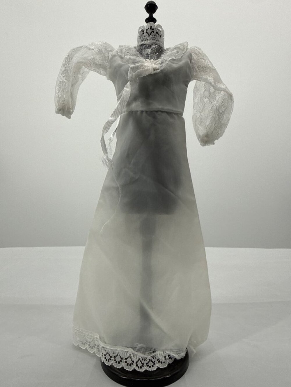 Vtg 70s Doll Wedding Dress Sheer Overlay Lace Sleeve Prairie Bridal Gown Outfit